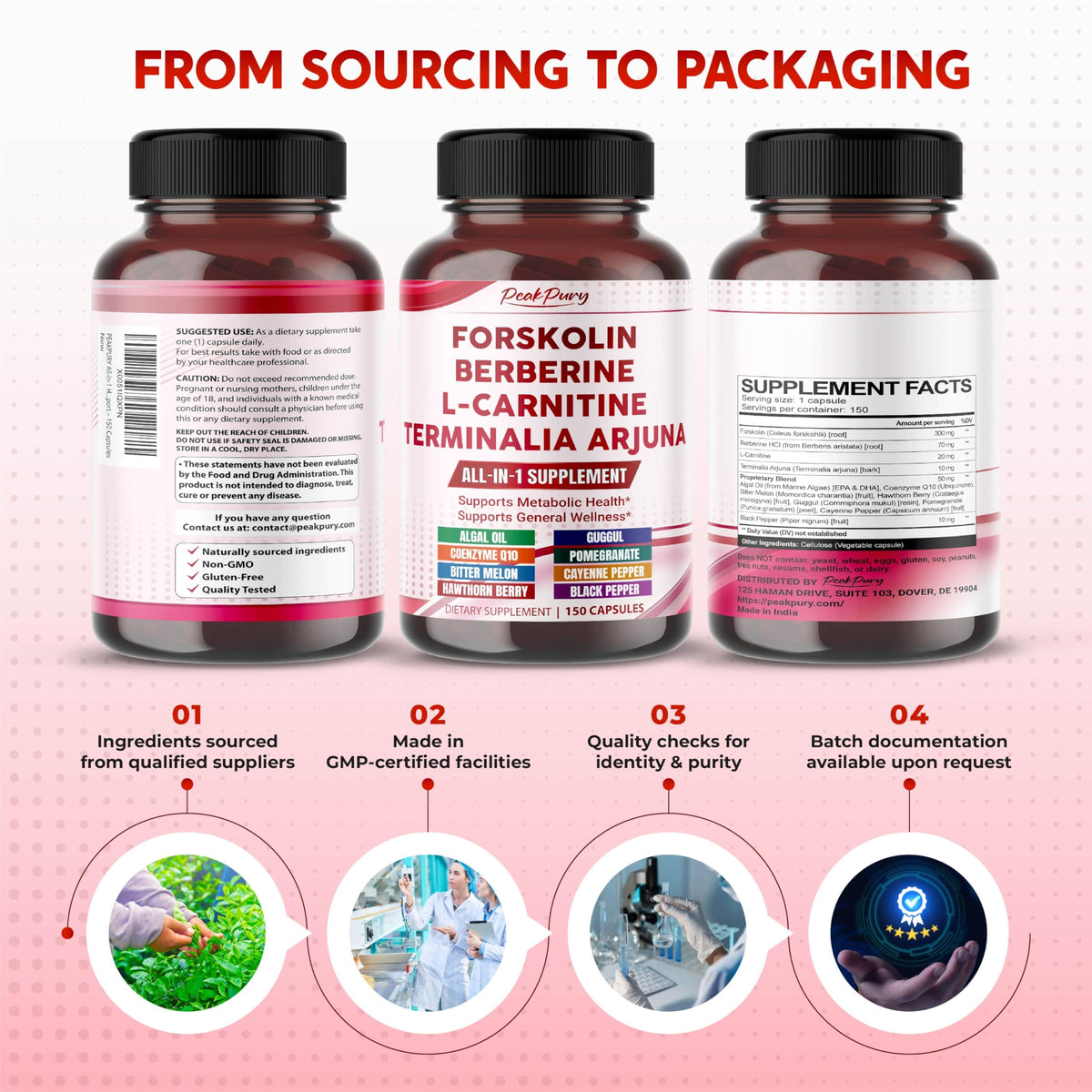 PEAKPURY Mélange Herbal All-in-1 150 Capsules avec une main tenant la boîte