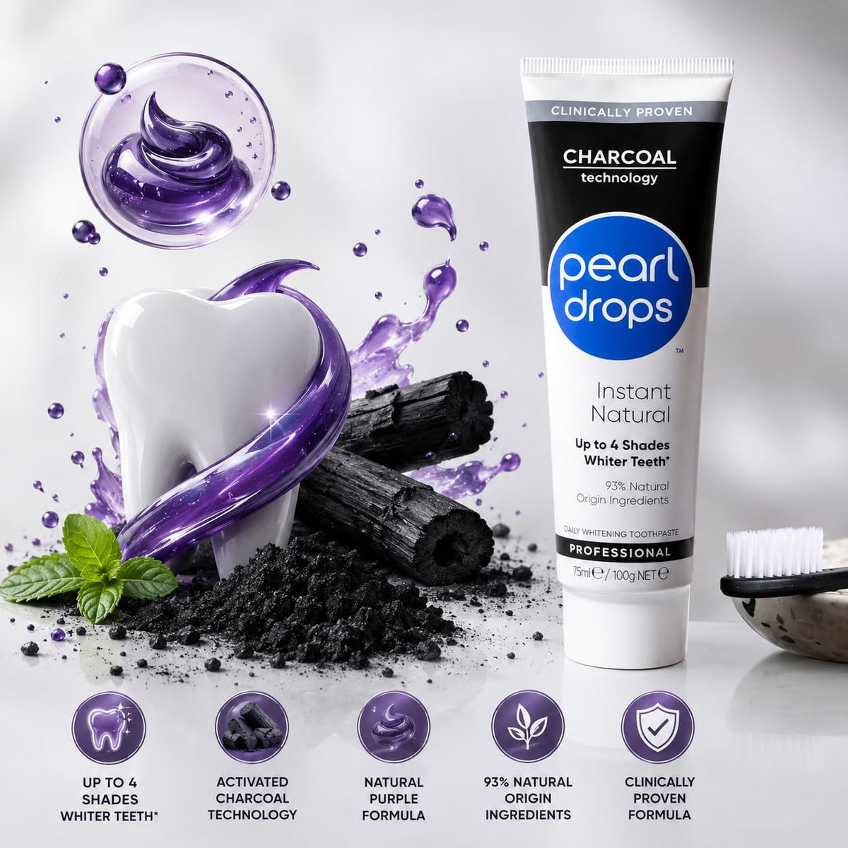 Pearl Drops Charbon Actif 75ml - présentation sur une table