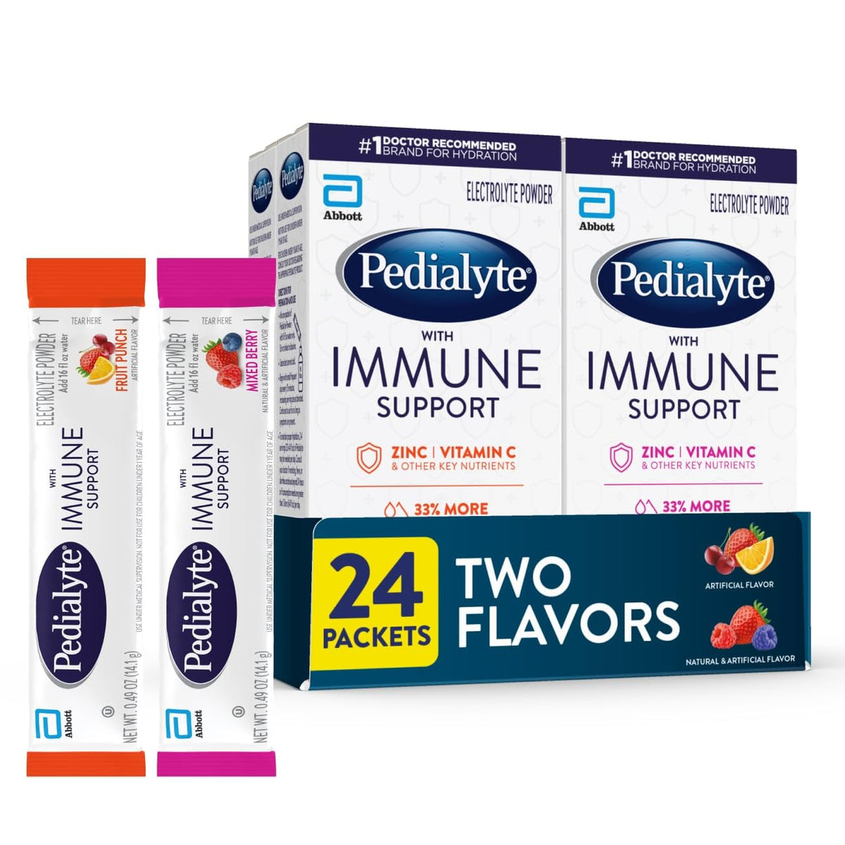 Pedialyte Poudre Électrolyte sachets saveurs Fruit Punch et Baie Mixte