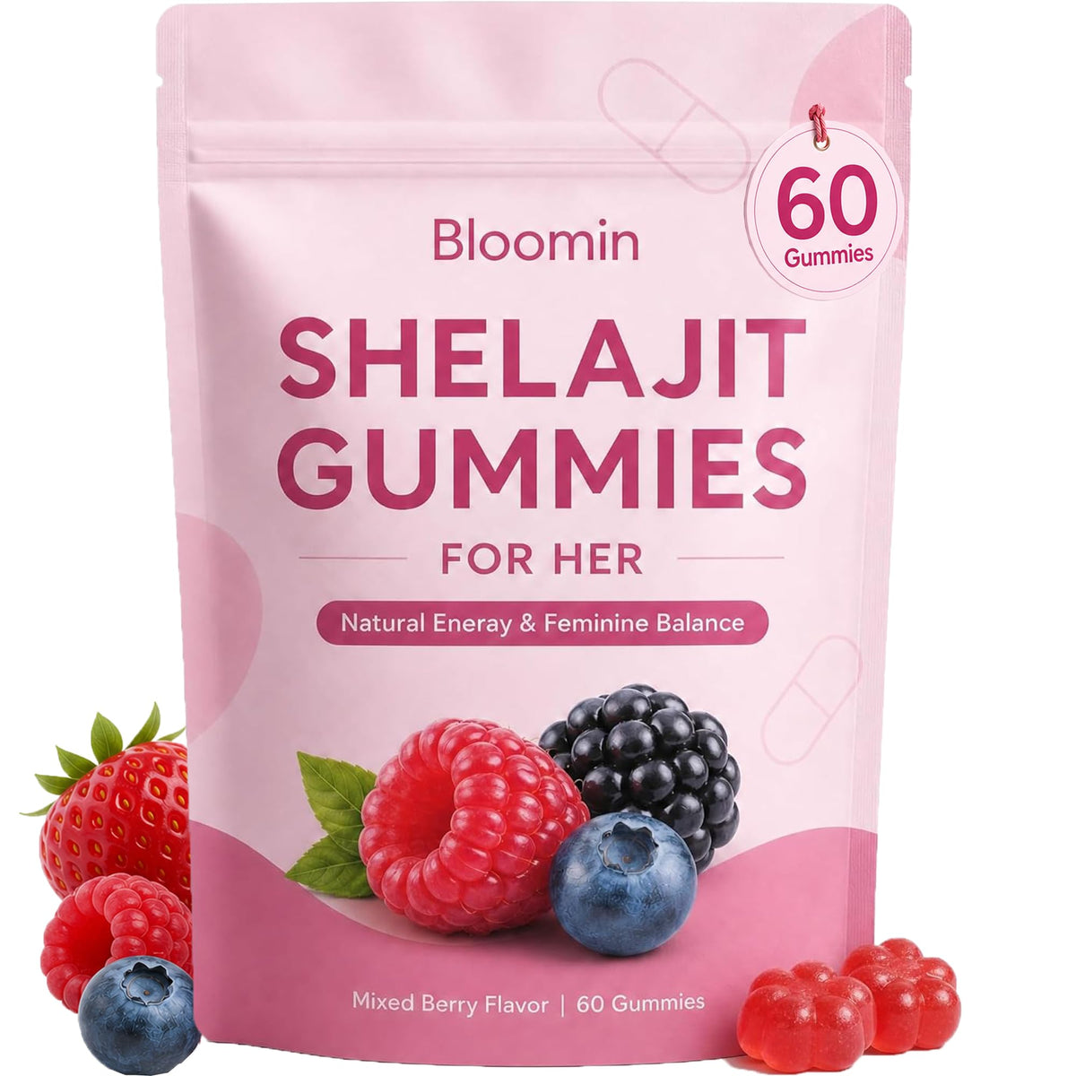 Peehss Gummies Shilajit pour Femmes 60 Gummies Saveur Baie vue de face