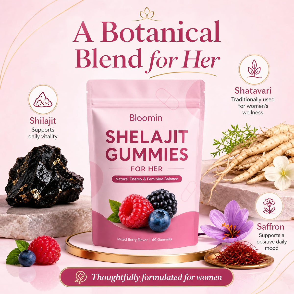 Peehss Gummies Shilajit pour Femmes bouteille ouverte avec gummies