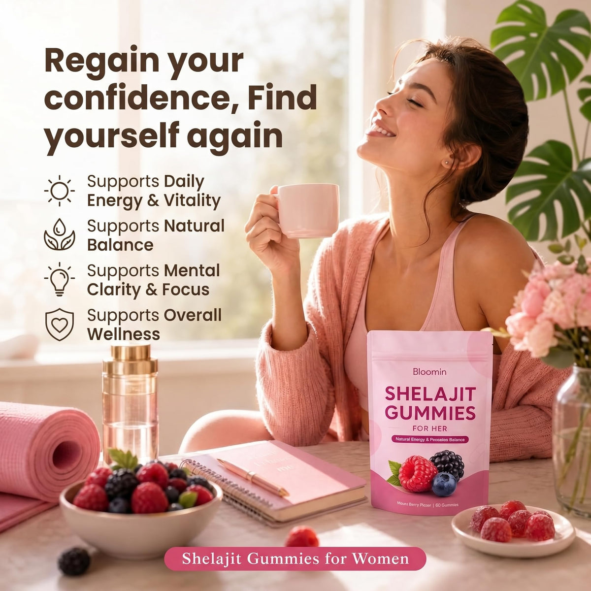 Peehss Gummies Shilajit pour Femmes emballage avec informations nutritionnelles