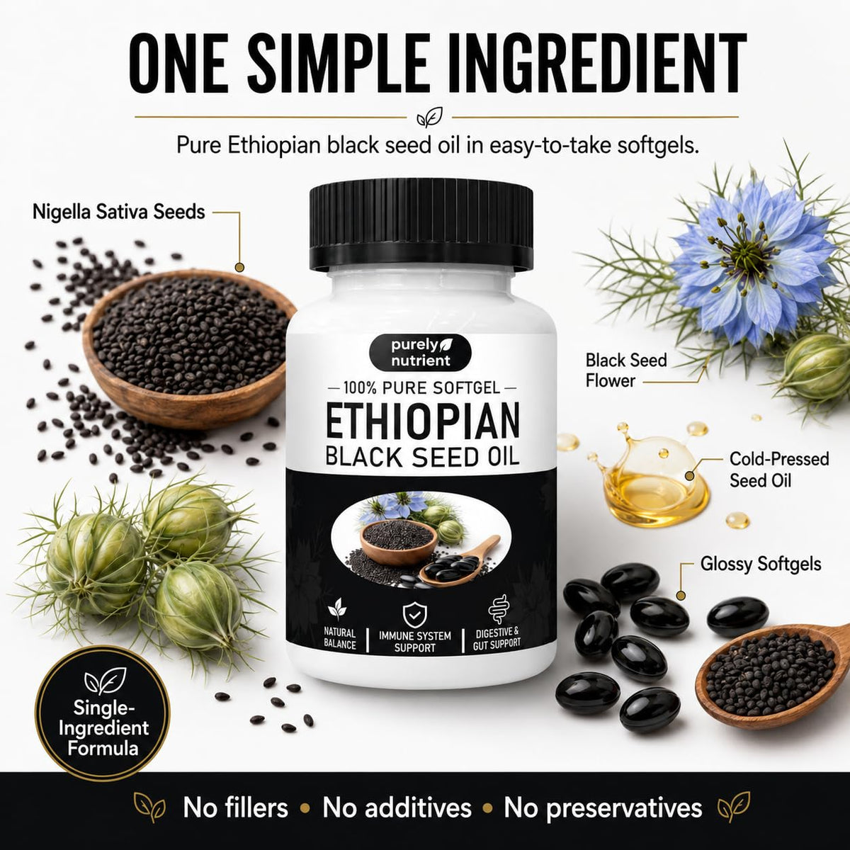 Peehss huile de graines noires éthiopiennes, boîte ouverte avec capsules