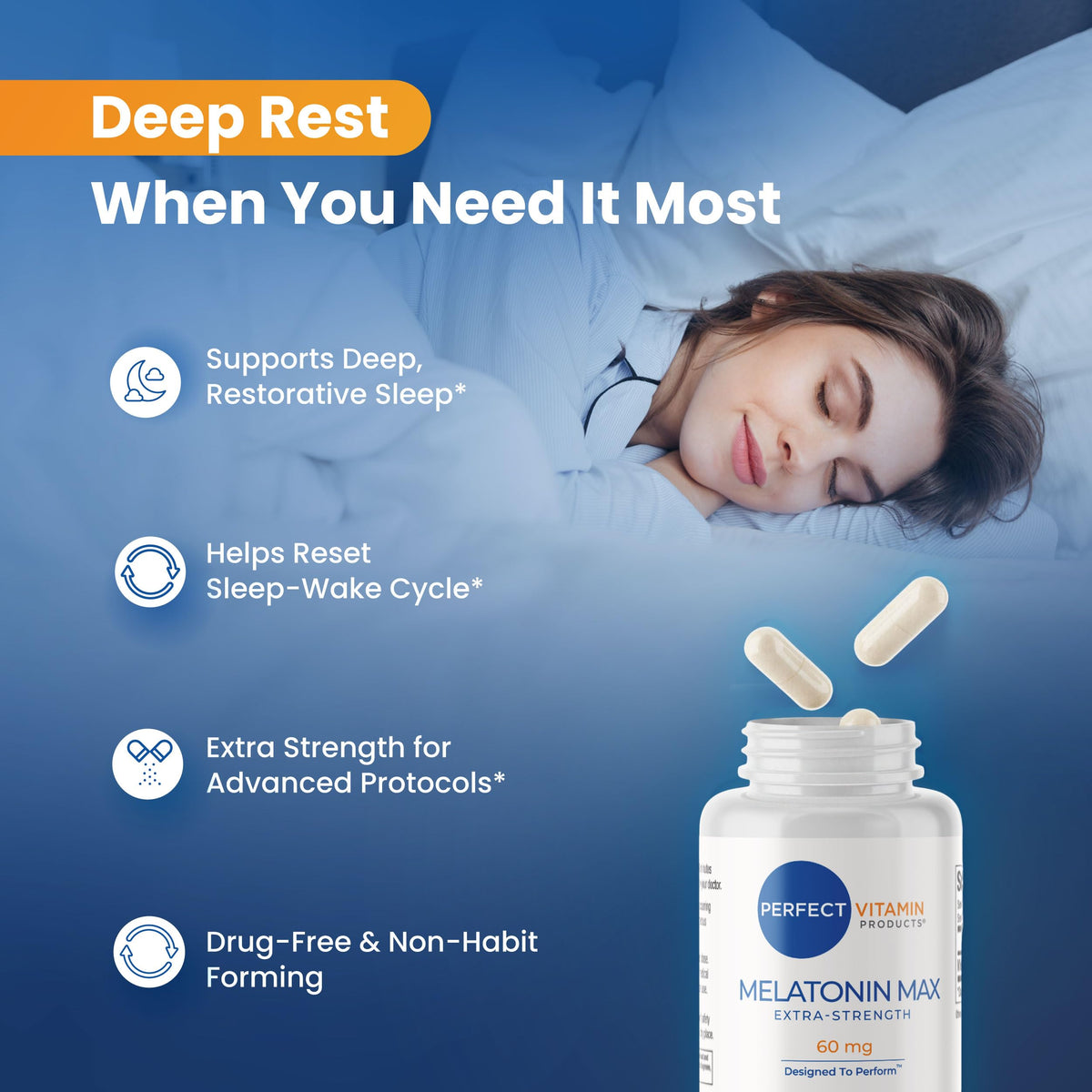 Perfect Vitamin Products Melatonine MAX 60mg capsules en gros plan