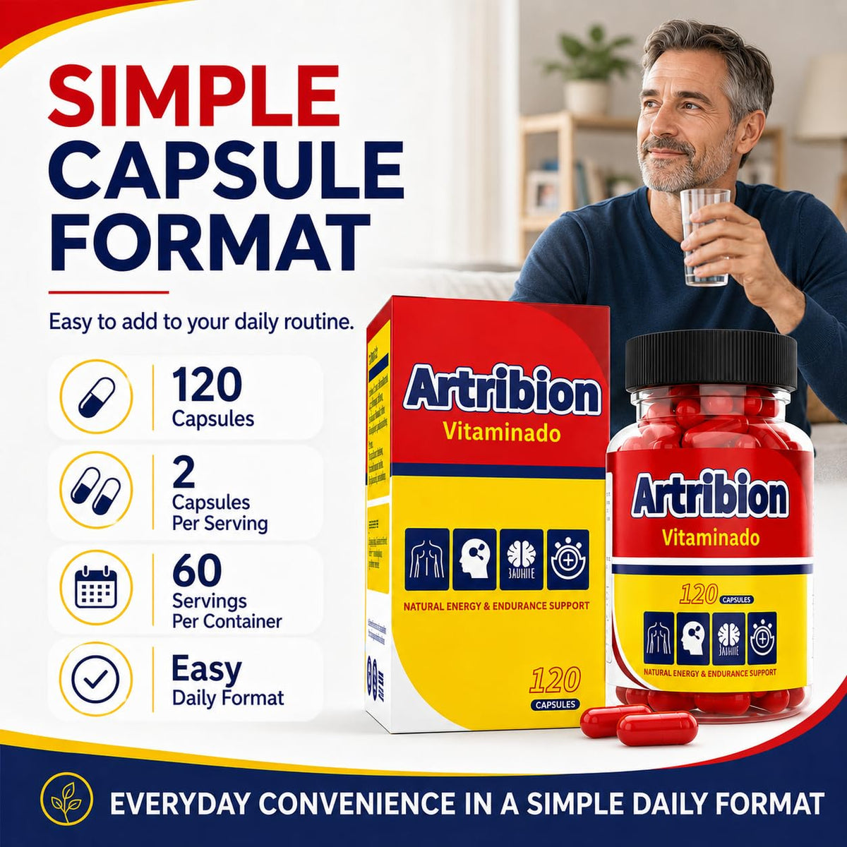 Personne prenant une capsule Artribion Vitaminado