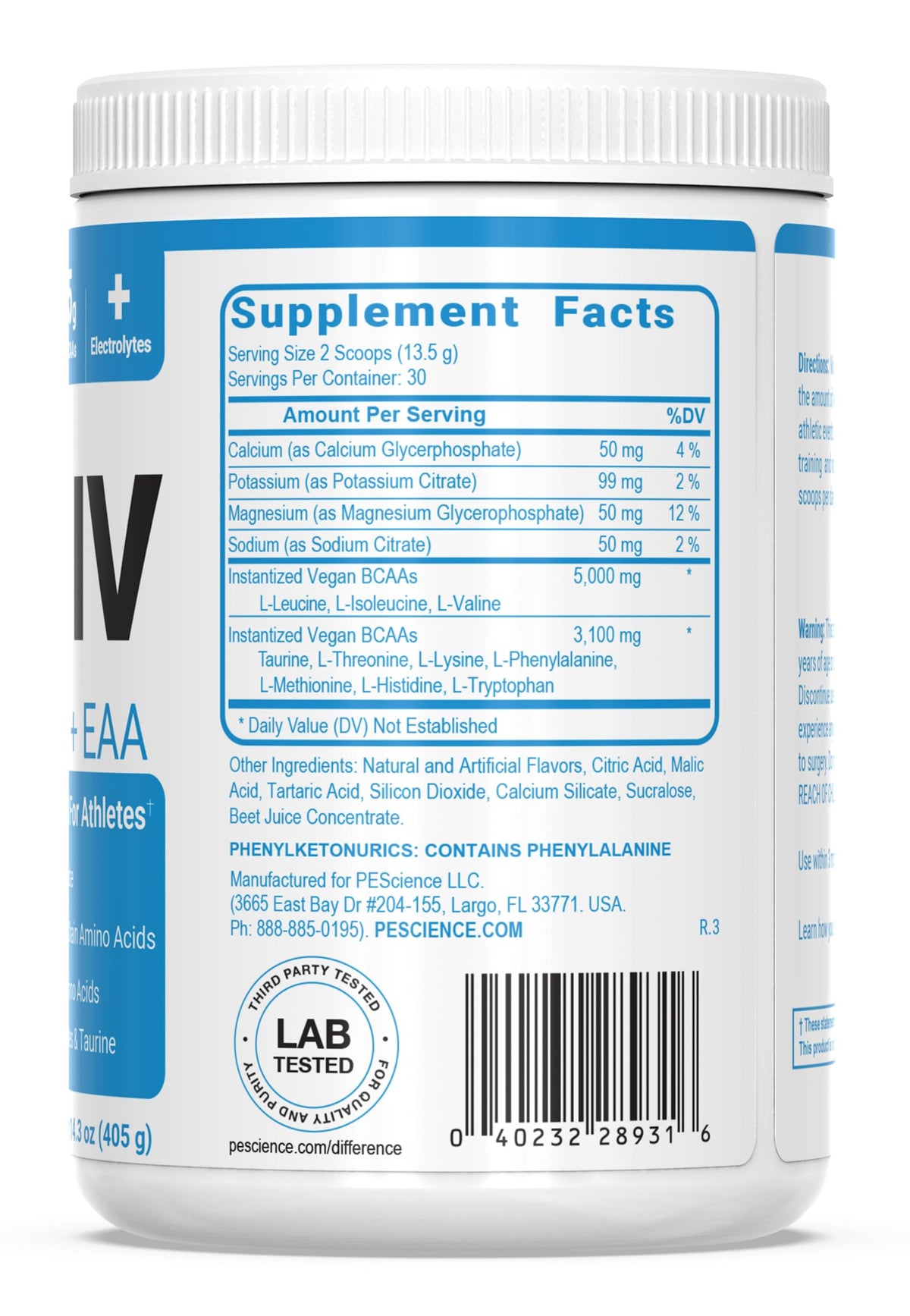 PEScience Amino IV BCAA & EAA Poudre avec informations nutritionnelles