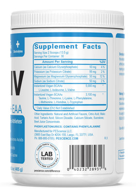 PEScience Amino IV BCAA & EAA Poudre avec informations nutritionnelles