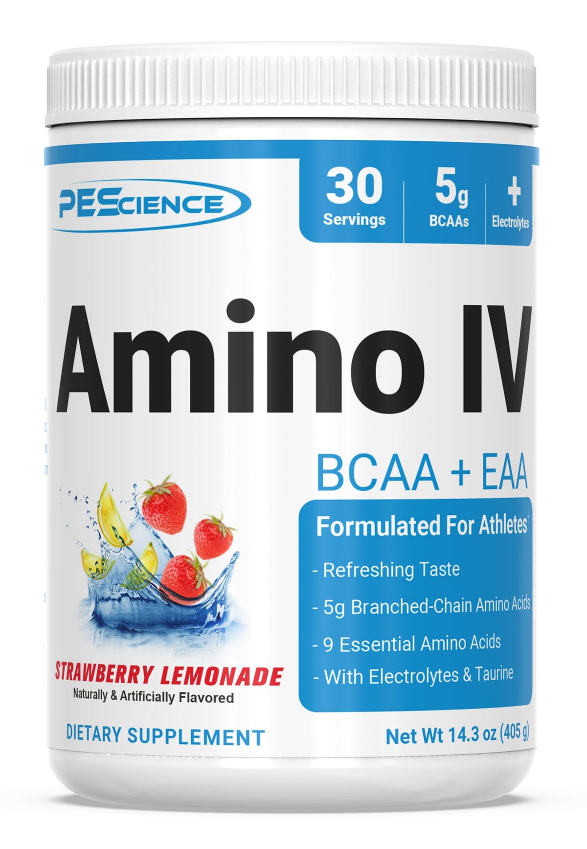 PEScience Amino IV BCAA & EAA Poudre Saveur Citron Fraise 481g vue avant