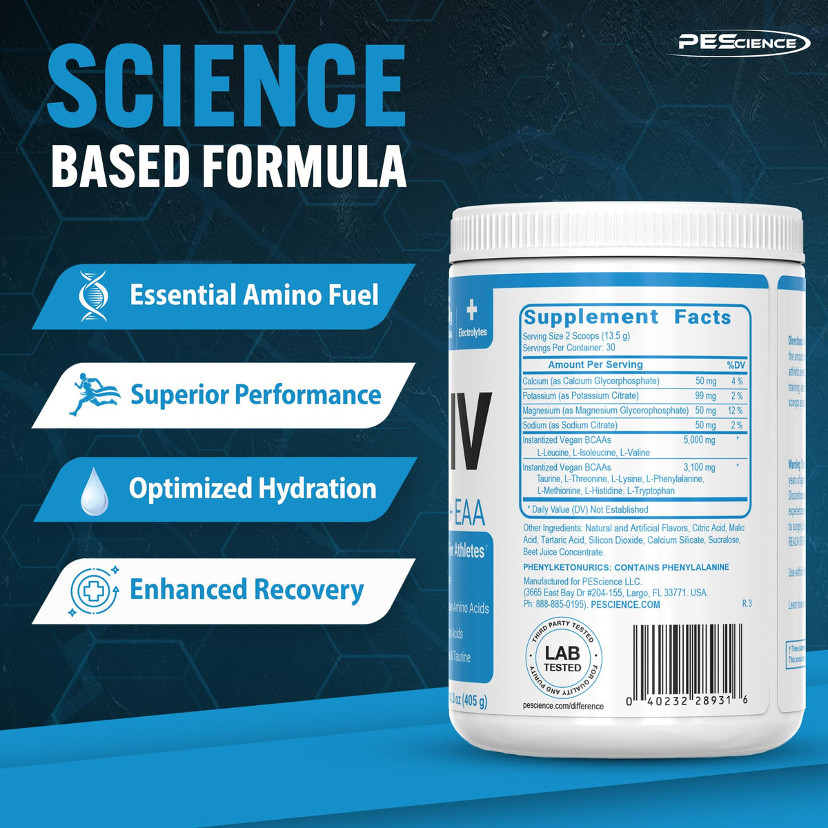 PEScience Amino IV BCAA & EAA Poudre vue arrière avec logo