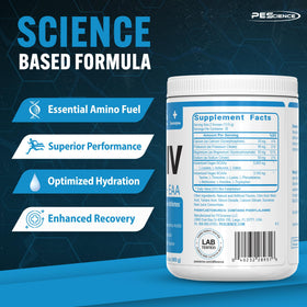 PEScience Amino IV Poudre BCAA Cerise Noire avec shaker et accessoires de sport