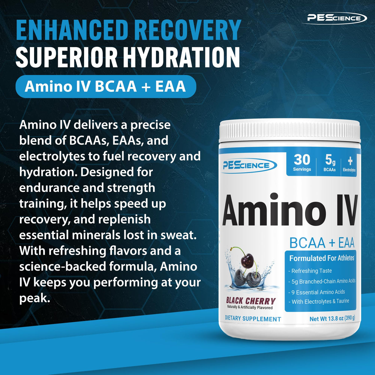 PEScience Amino IV Poudre BCAA Cerise Noire en portion sur une cuillère