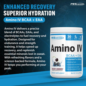 PEScience Amino IV Poudre BCAA Cerise Noire en portion sur une cuillère