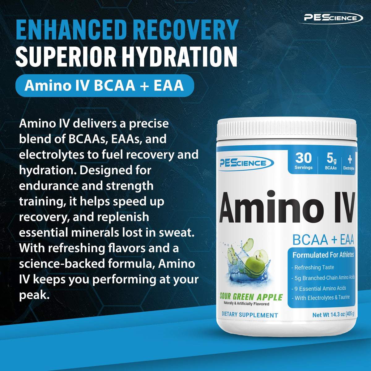 PEScience Amino IV Poudre BCAA & EAA 30 Servings Pomme Verte emballage
