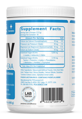 PEScience Amino IV Poudre BCAA & EAA 30 Servings Pomme Verte vue de côté