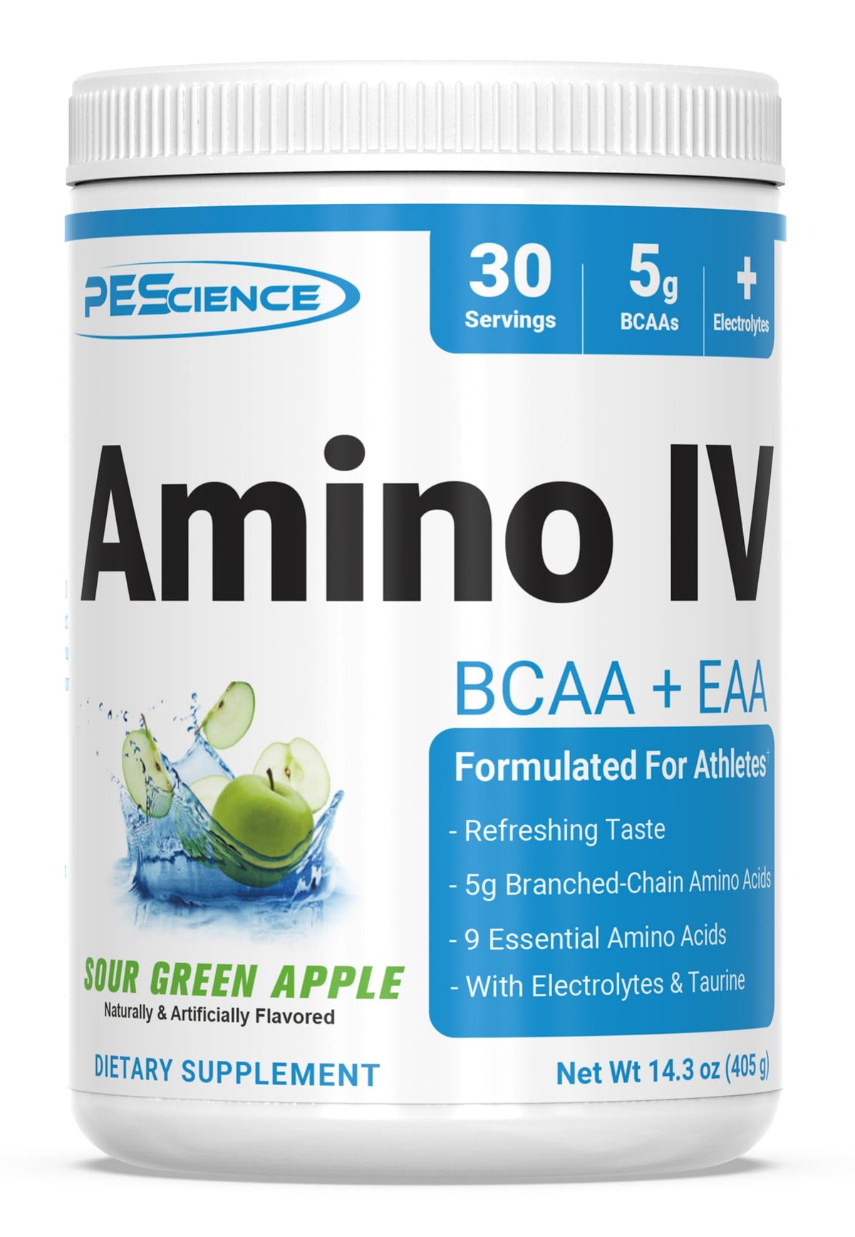 PEScience Amino IV Poudre BCAA & EAA 30 Servings Pomme Verte vue de face