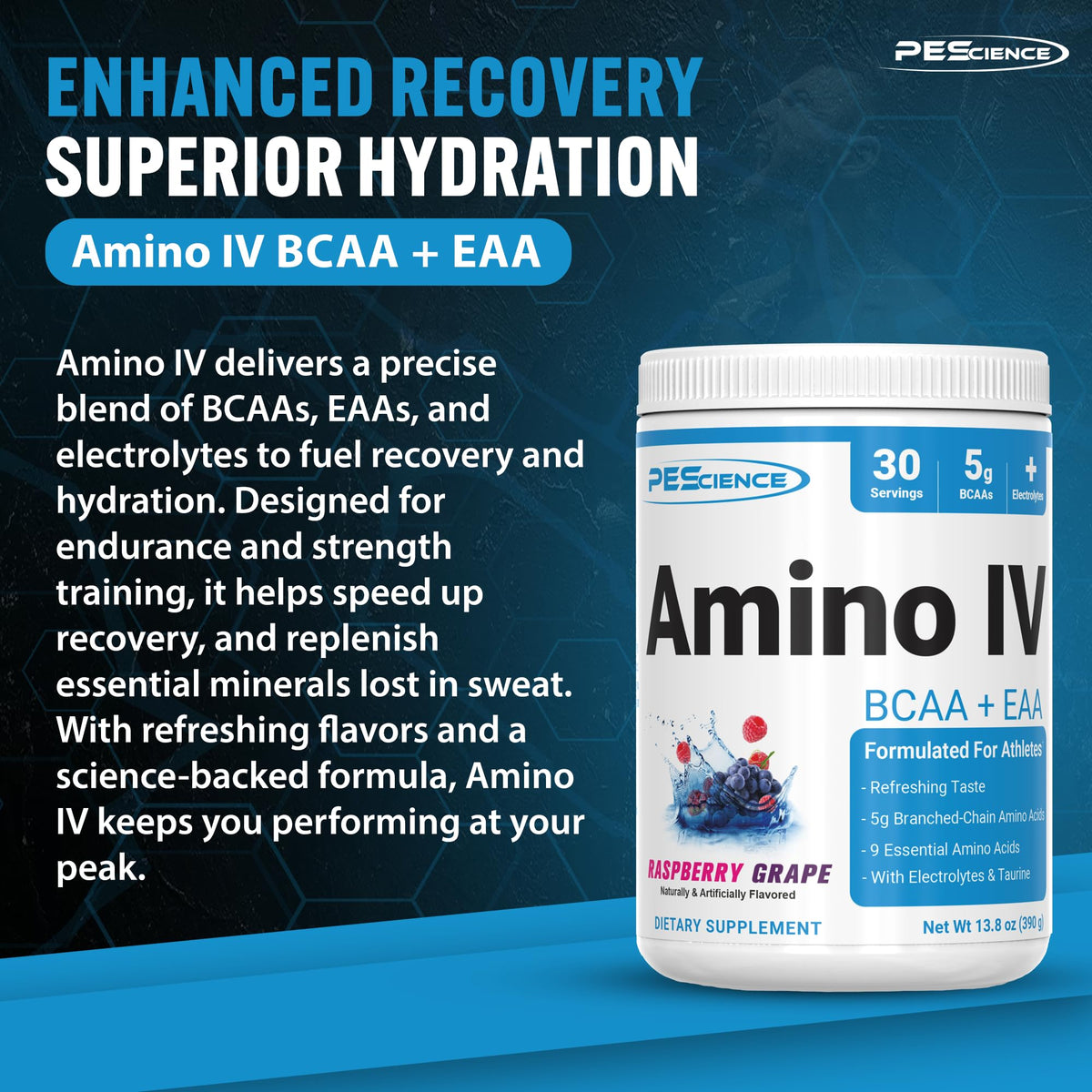 PEScience Amino IV Poudre BCAA & EAA Framboise Raisin, affichage des ingrédients