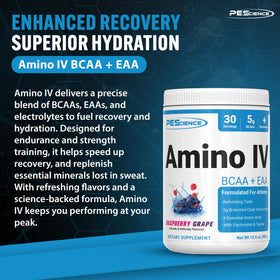 PEScience Amino IV Poudre BCAA & EAA Framboise Raisin, affichage des ingrédients