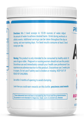 PEScience Amino IV Poudre BCAA & EAA Framboise Raisin, packaging et étiquetage