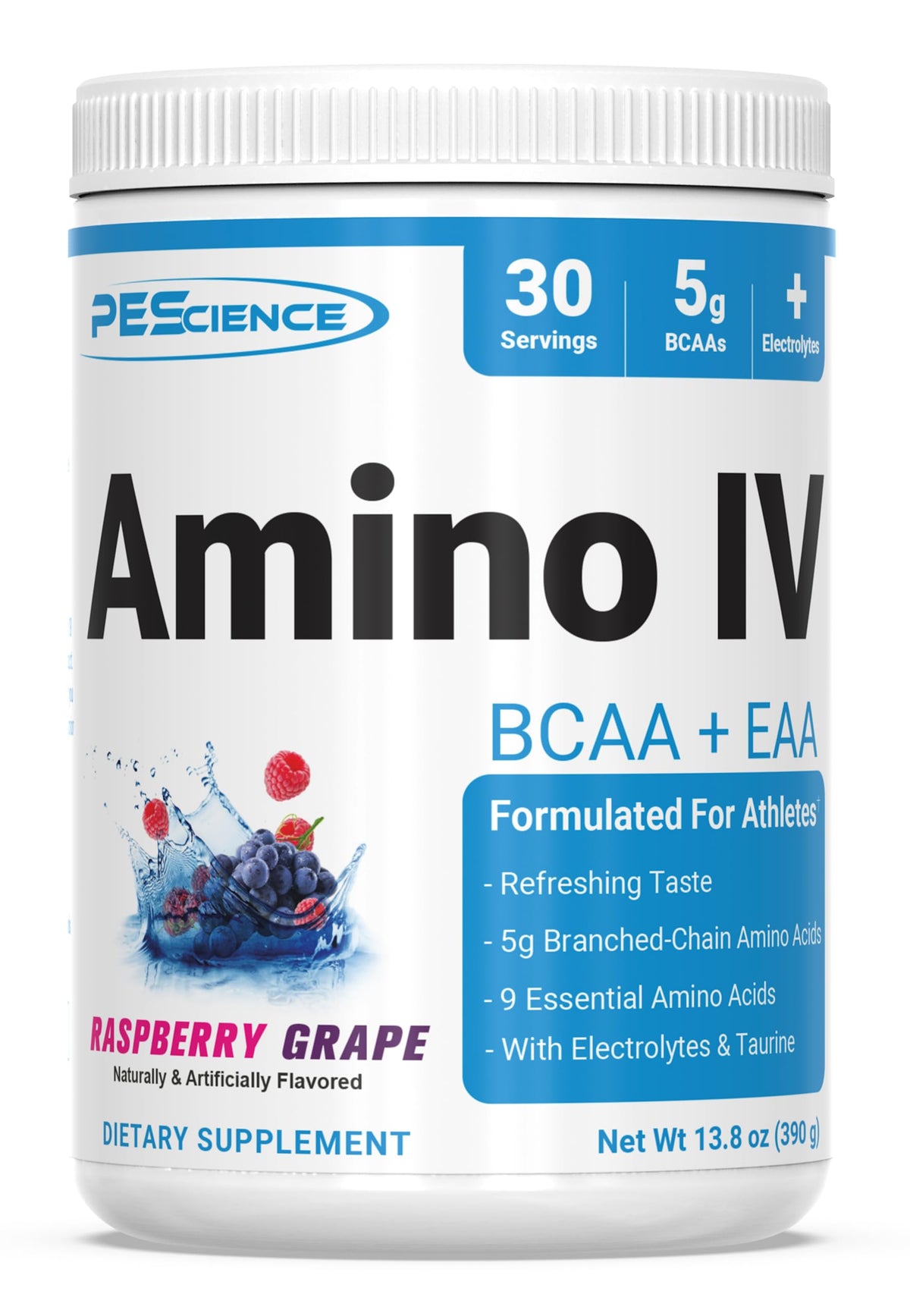 PEScience Amino IV Poudre BCAA & EAA Framboise Raisin, vue avant