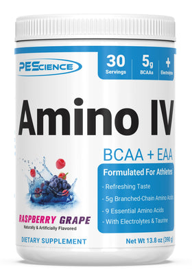 PEScience Amino IV Poudre BCAA & EAA Framboise Raisin, vue avant