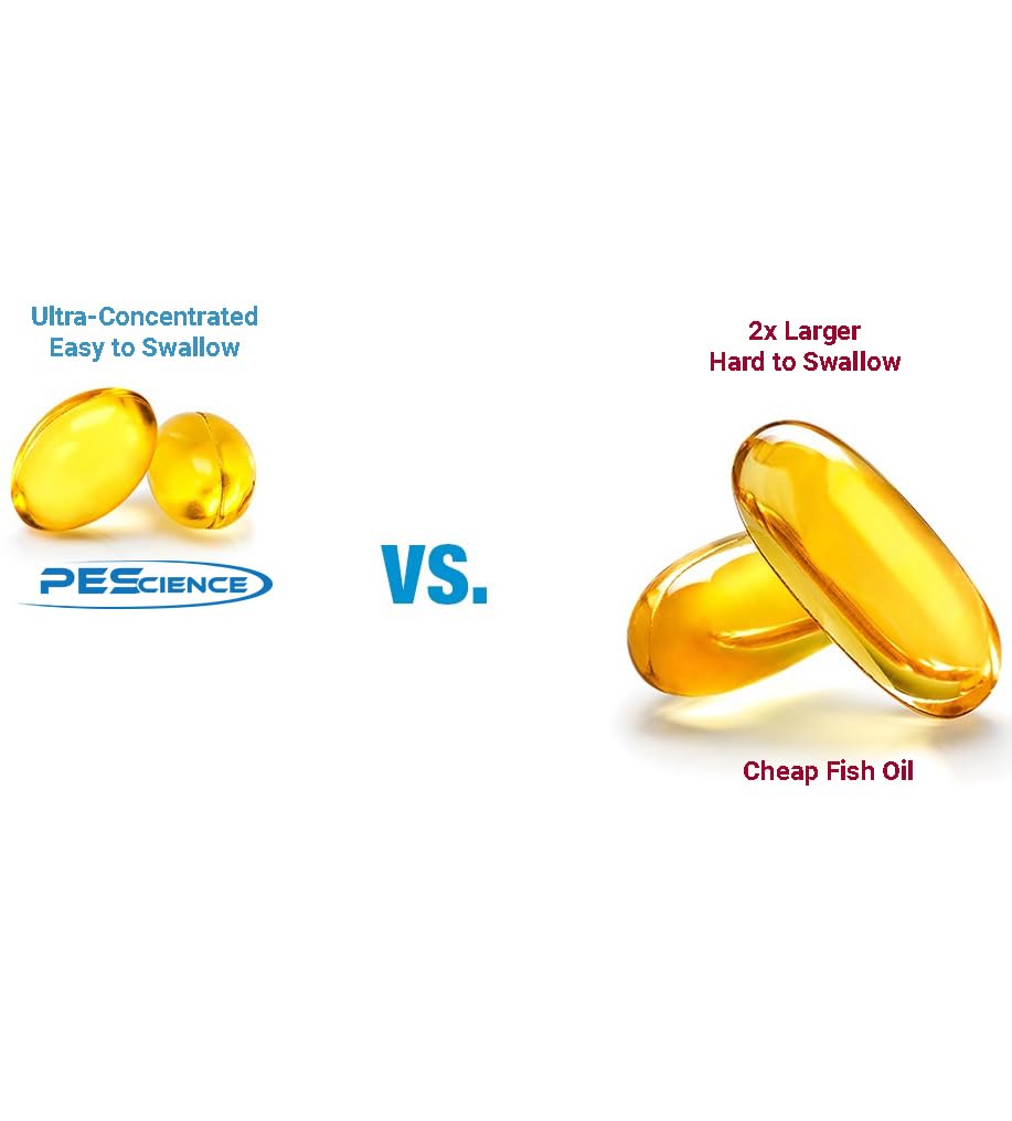PEScience Omega-3+ huile de poisson capsules sur fond blanc