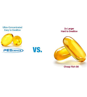 PEScience Omega-3+ huile de poisson capsules sur fond blanc