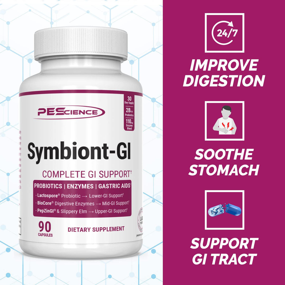 PEScience Symbiont-GI bouteille ouverte montrant capsules