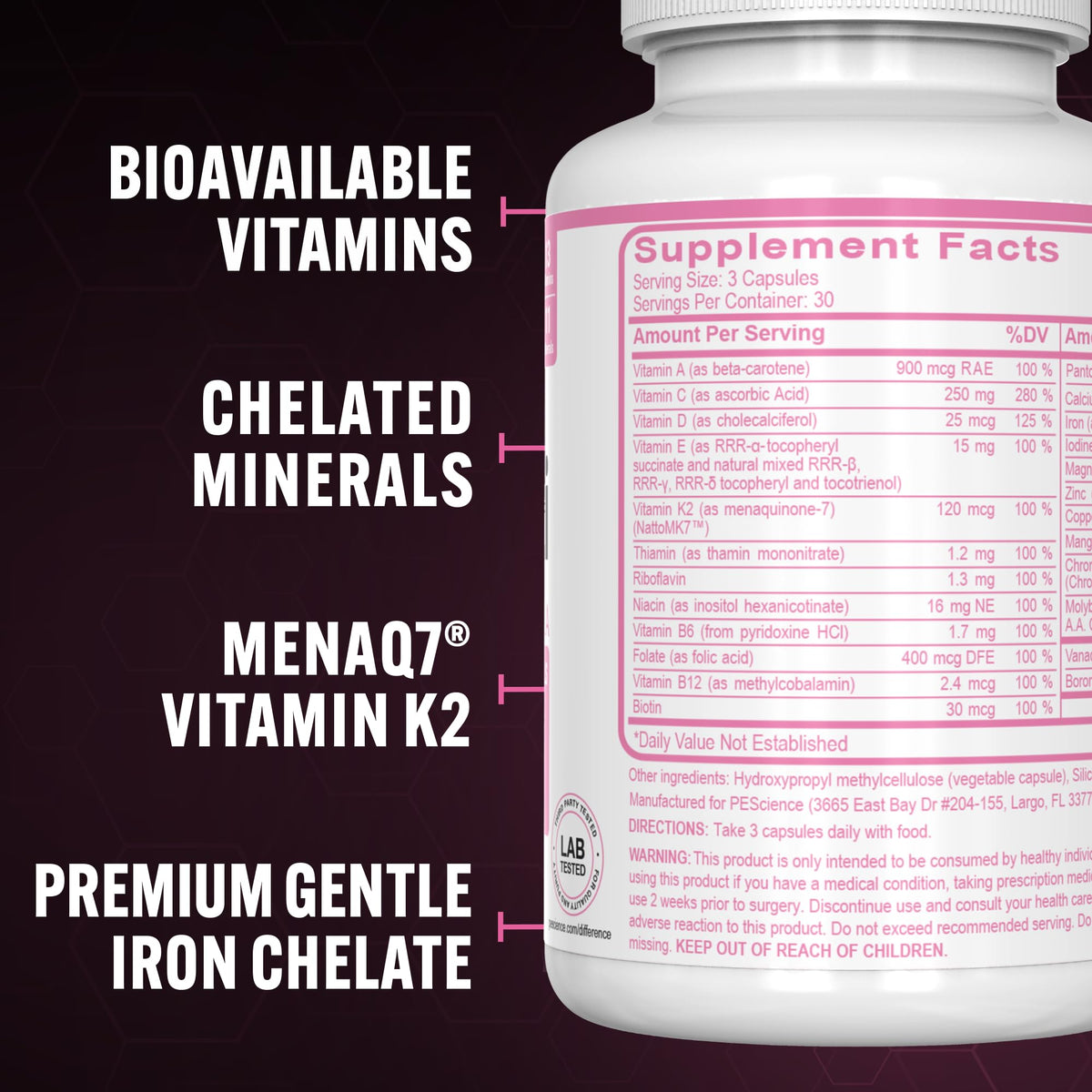 PEScience TruMulti Multivitamin pour Femmes, vue de côté de la boîte