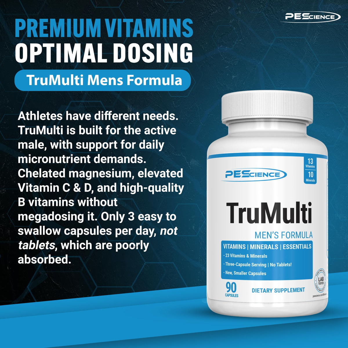 PEScience TruMulti Multivitamin pour Hommes 90 Capsules avec étiquette visible