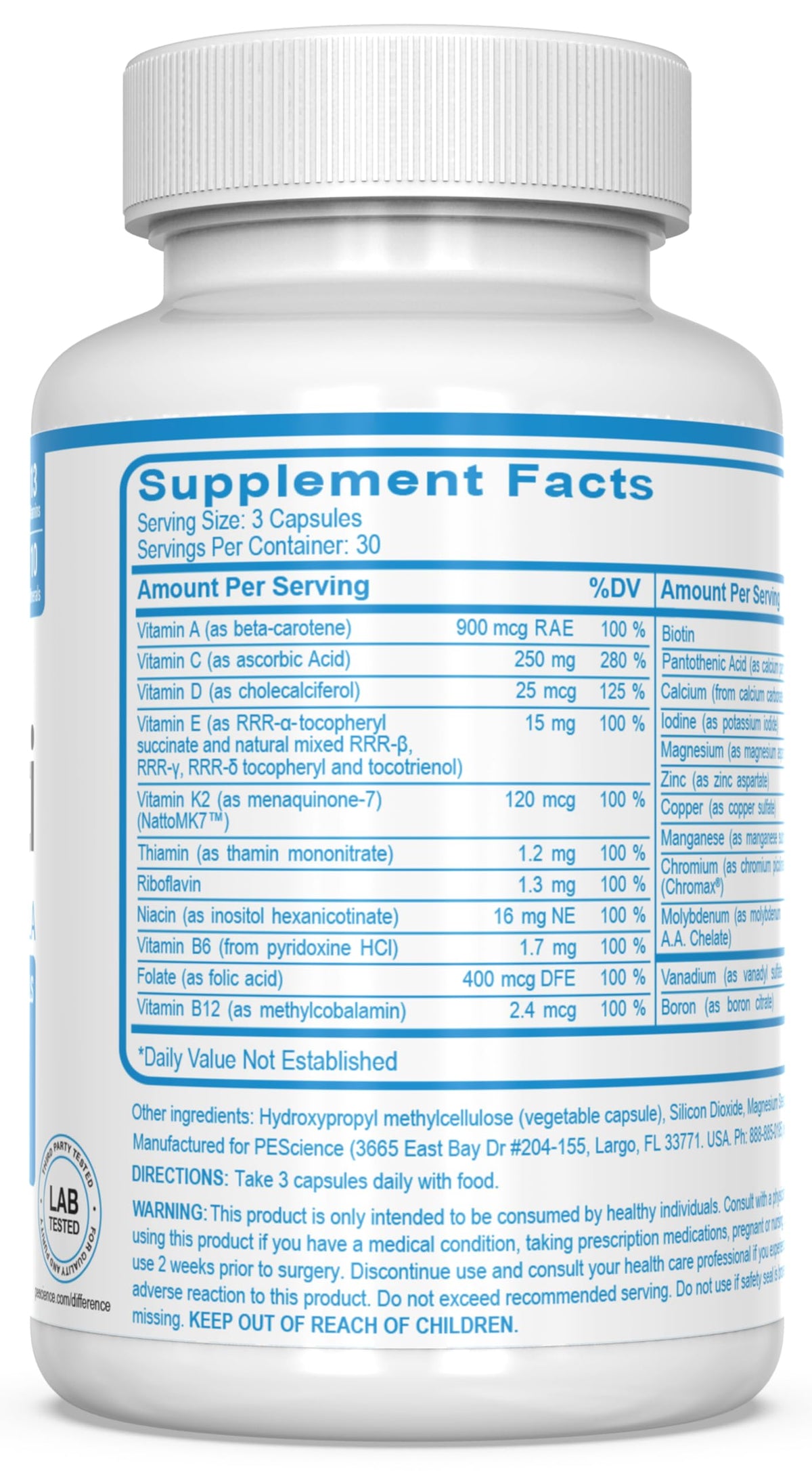 PEScience TruMulti Multivitamin pour Hommes 90 Capsules ouvertes pour montrer les capsules