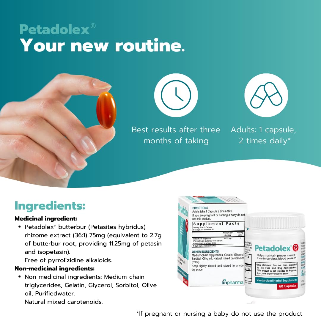 Petadolex Extrait de Butterbur 75mg avec des éléments naturels en arrière-plan
