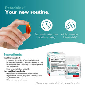 Petadolex Extrait de Butterbur 75mg avec des éléments naturels en arrière-plan