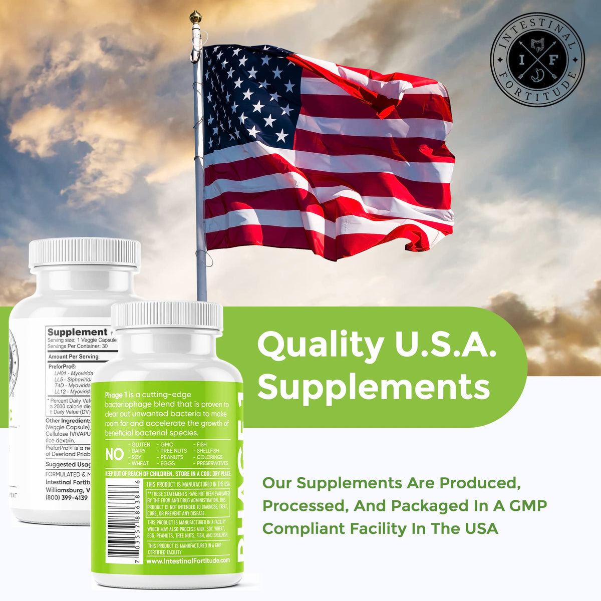 Phage 1 d'Intestinal Fortitude, flacon ouvert avec capsules visibles