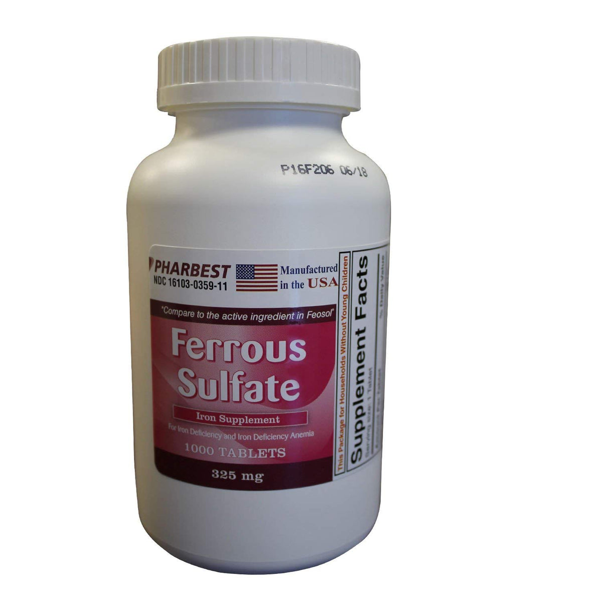 PHARBEST Ferrous Sulfate 325 mg 1000 comprimés vue de face