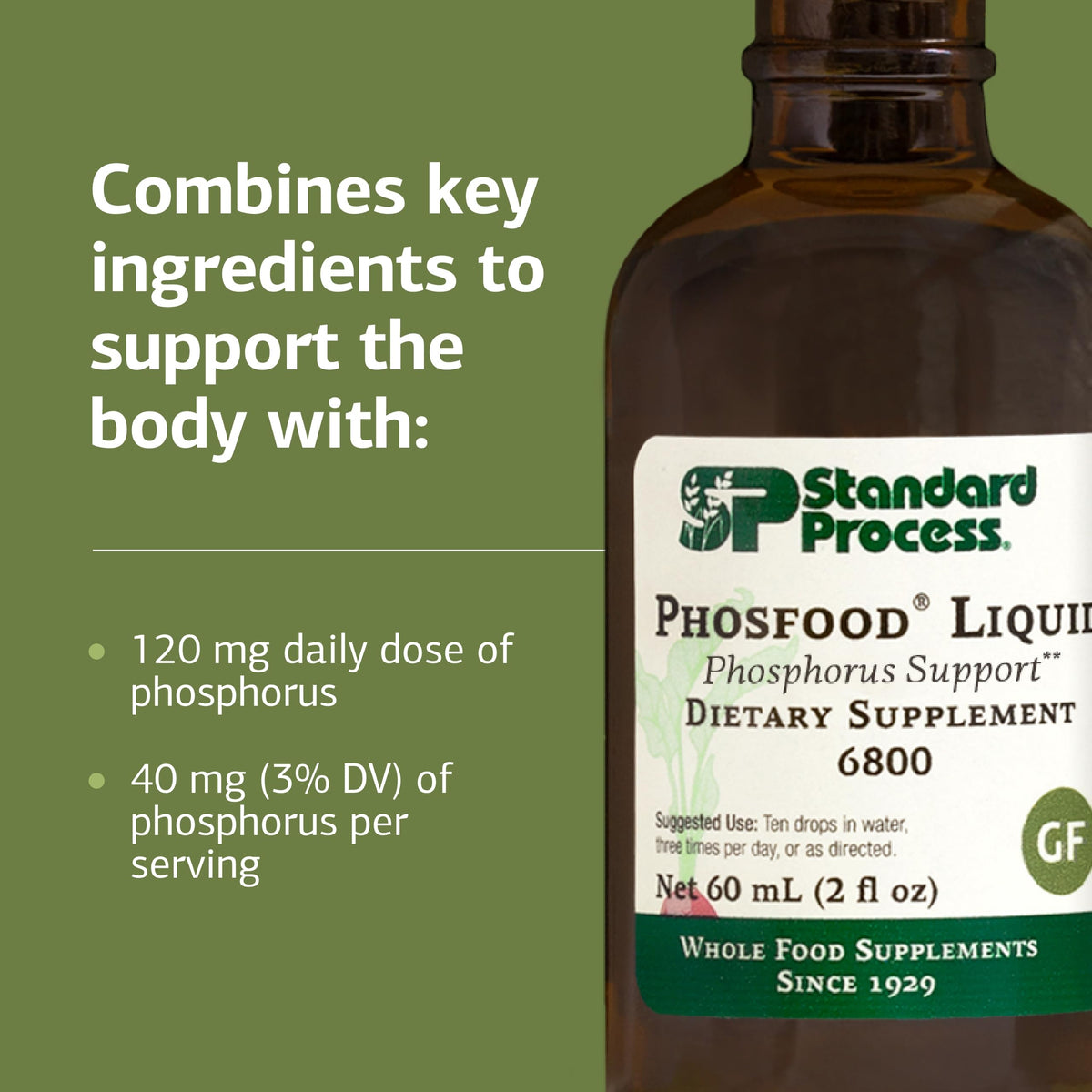 Phosfood Liquide Standard Process 60 mL sur une table avec d'autres compléments