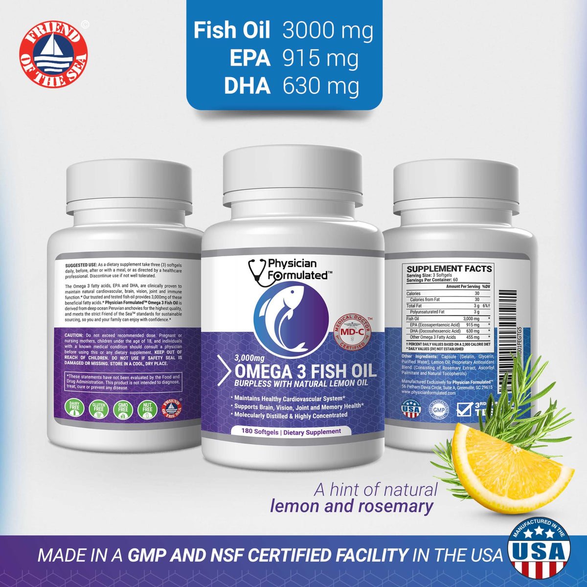Physician Formulated Huile de Poisson Omega 3 capsules avec un verre d'eau