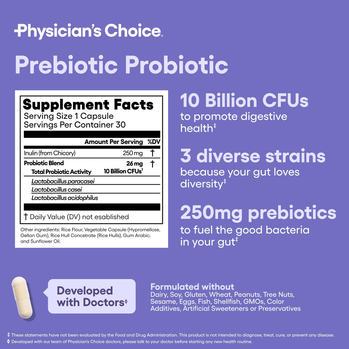 Physician's CHOICE Prébiotique-Probiotique flacon ouvert avec capsules
