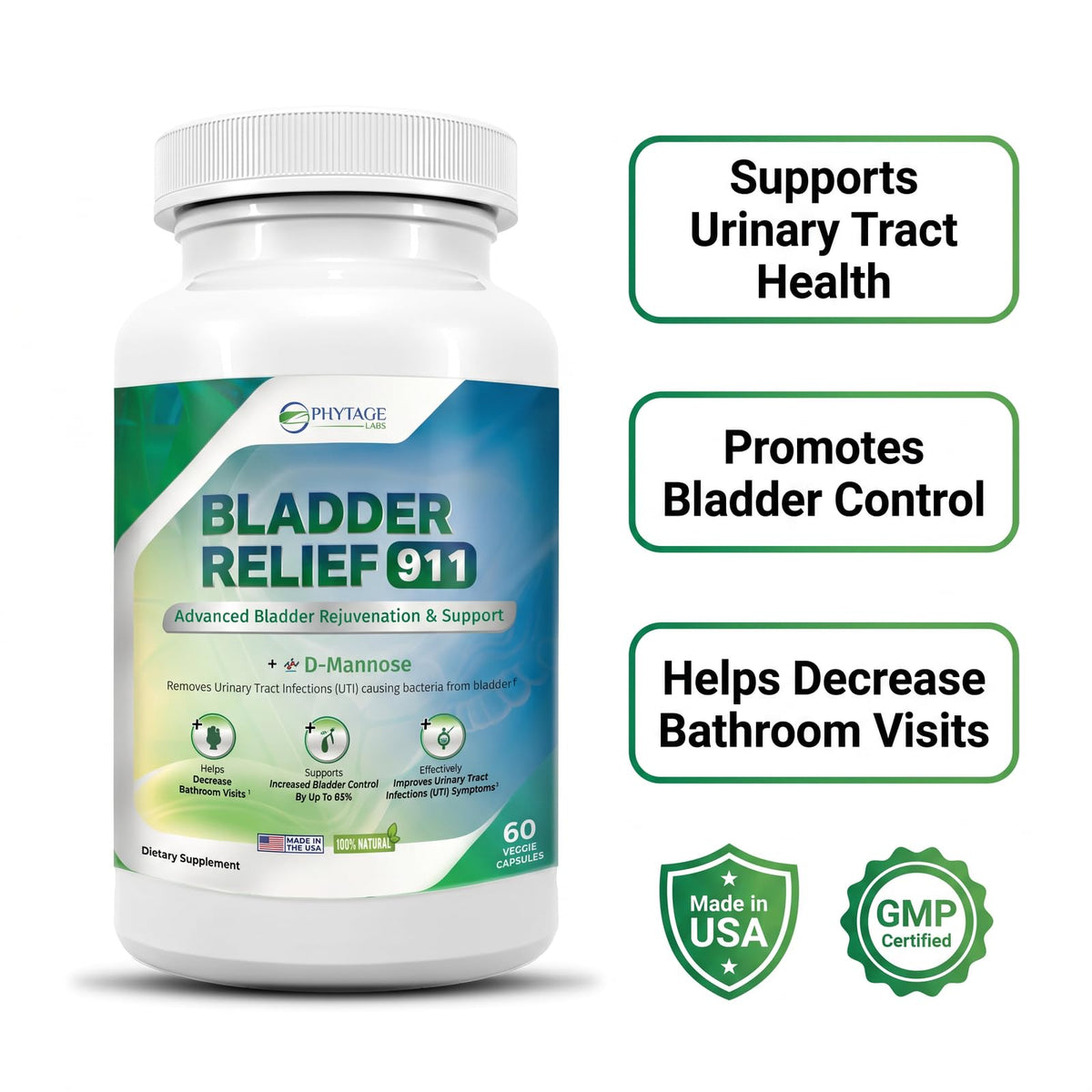 Phytage Labs Bladder Relief 911 capsules végétales en gros plan