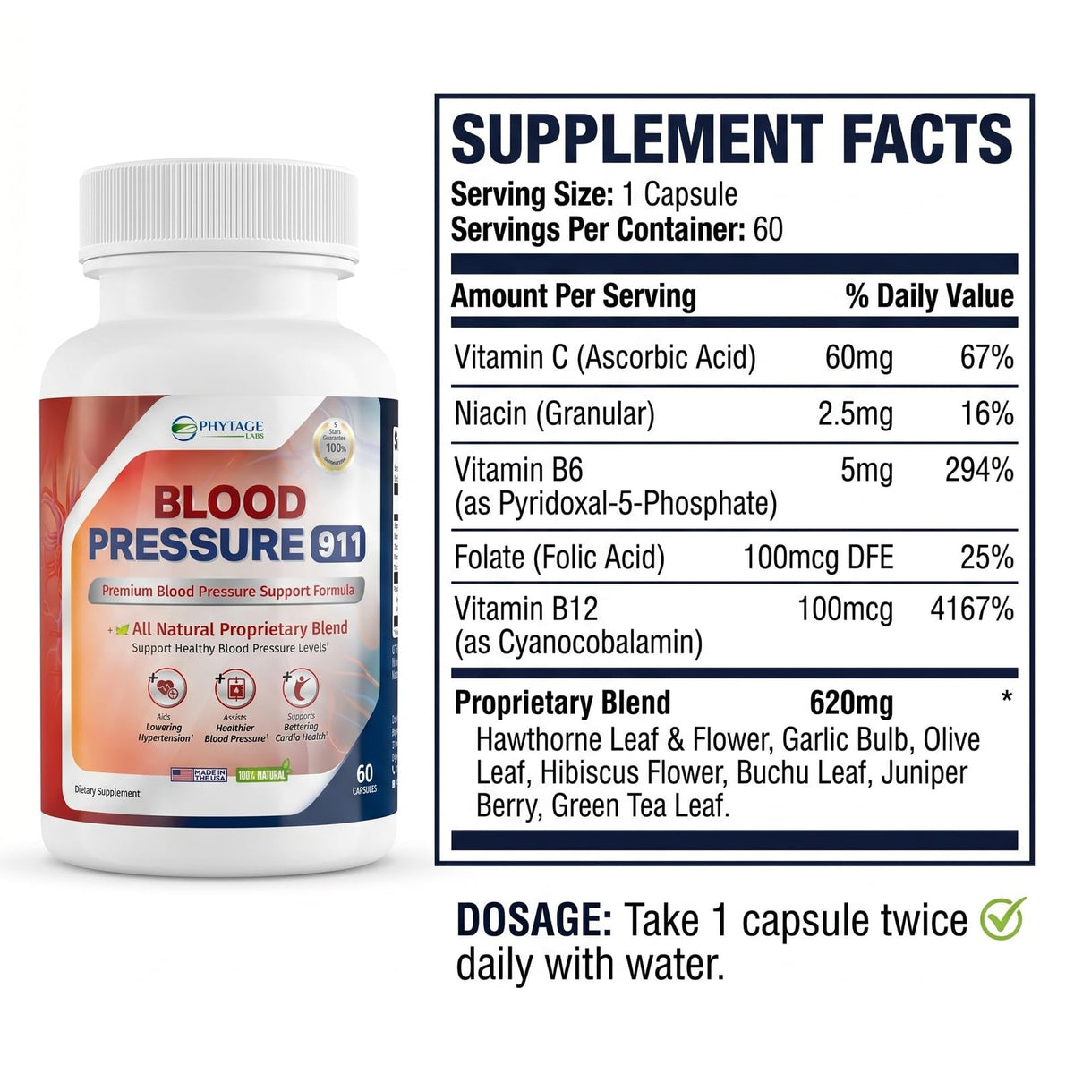 Phytage Labs Blood Pressure 911 capsules à proximité d'un verre d'eau