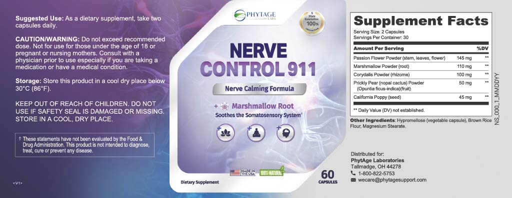 Phytage Labs Nerve Control 911 sur une table avec d'autres compléments