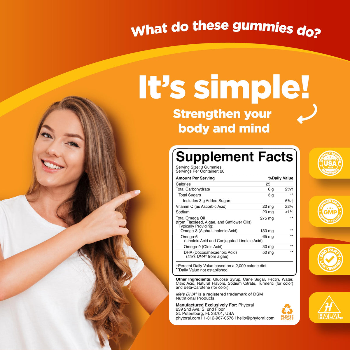Phytoral Gummy DHA Omega 3 60 Gummies Végétariens ingrédients