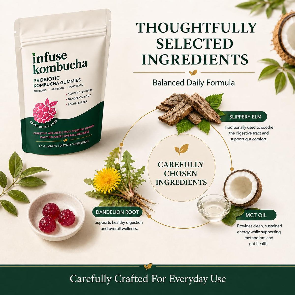 Pillow Daddy Gummies Probiotiques Kombucha 90 Gummies à côté d'une cuillère