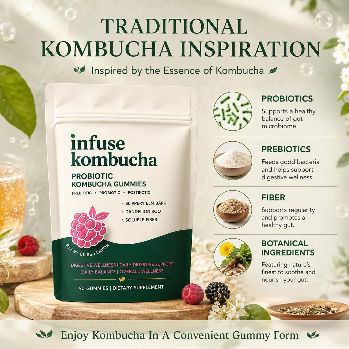 Pillow Daddy Gummies Probiotiques Kombucha 90 Gummies avec étiquette