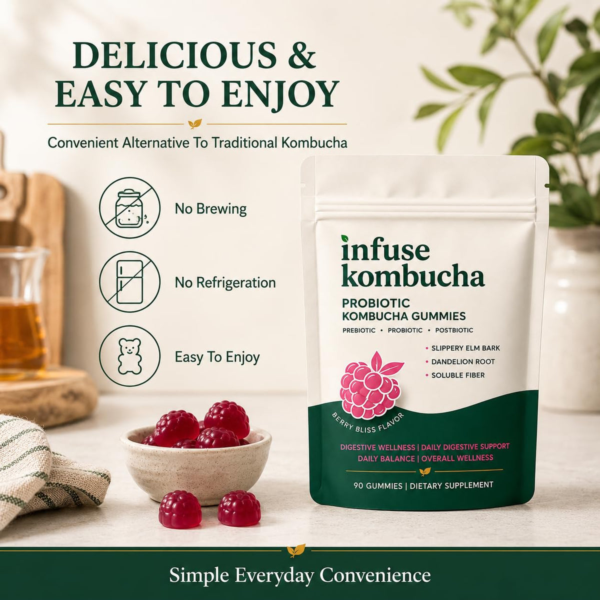 Pillow Daddy Gummies Probiotiques Kombucha 90 Gummies dans un environnement de cuisine