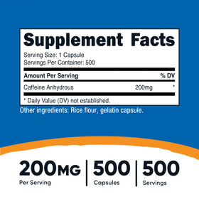 Pilules de Caféine Nutricost, 200mg par capsule, emballage