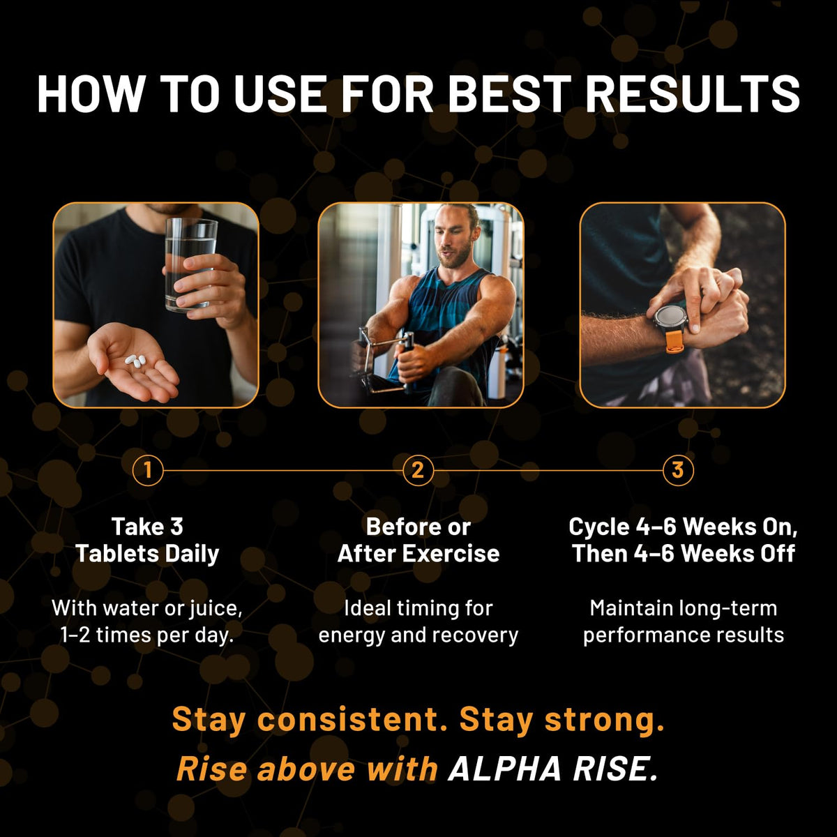 Pilules de créatine ALPHA RISE sur un fond noir