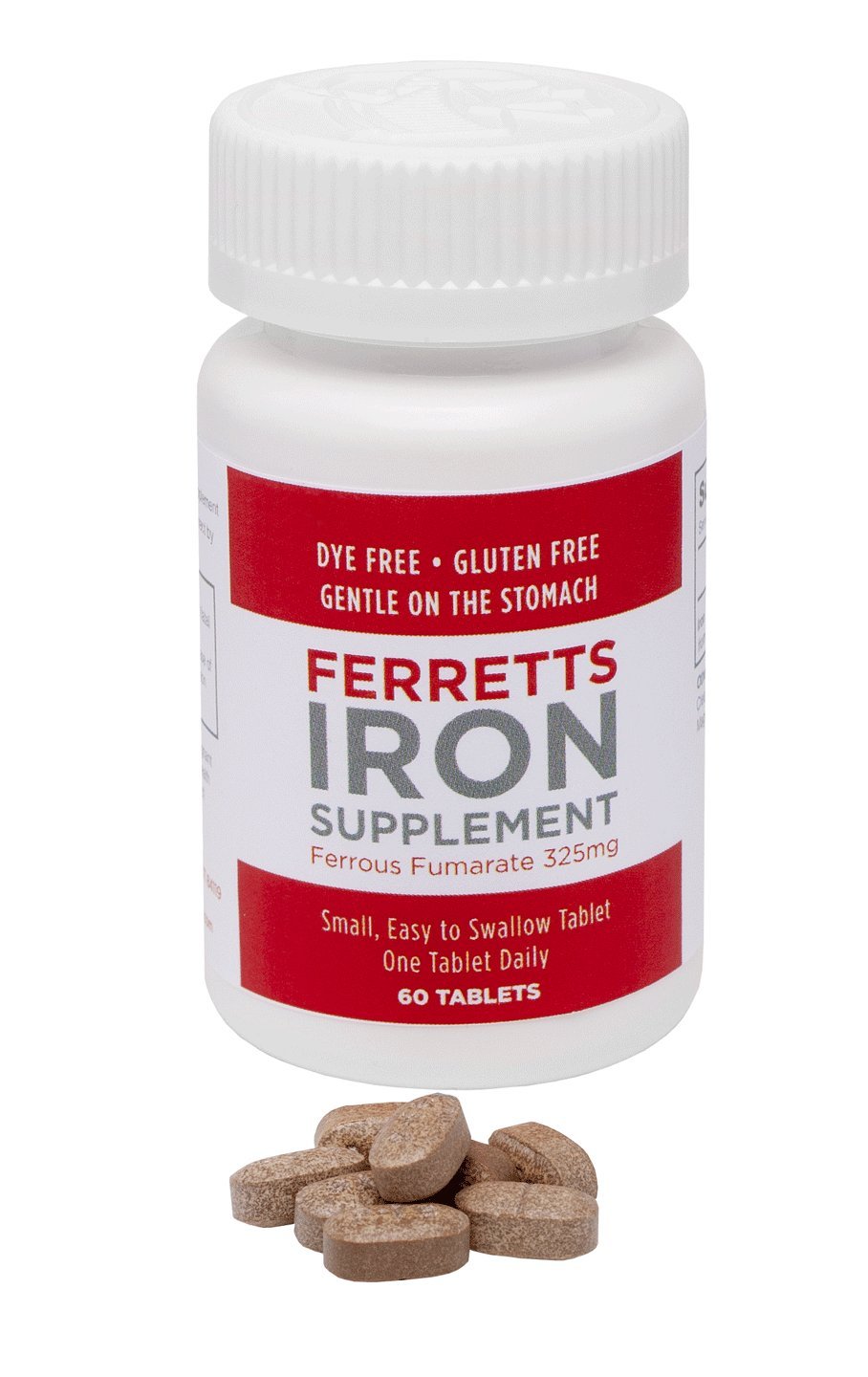 Pilules de Ferretts Complément Alimentaire en Fer 106mg sur une surface blanche
