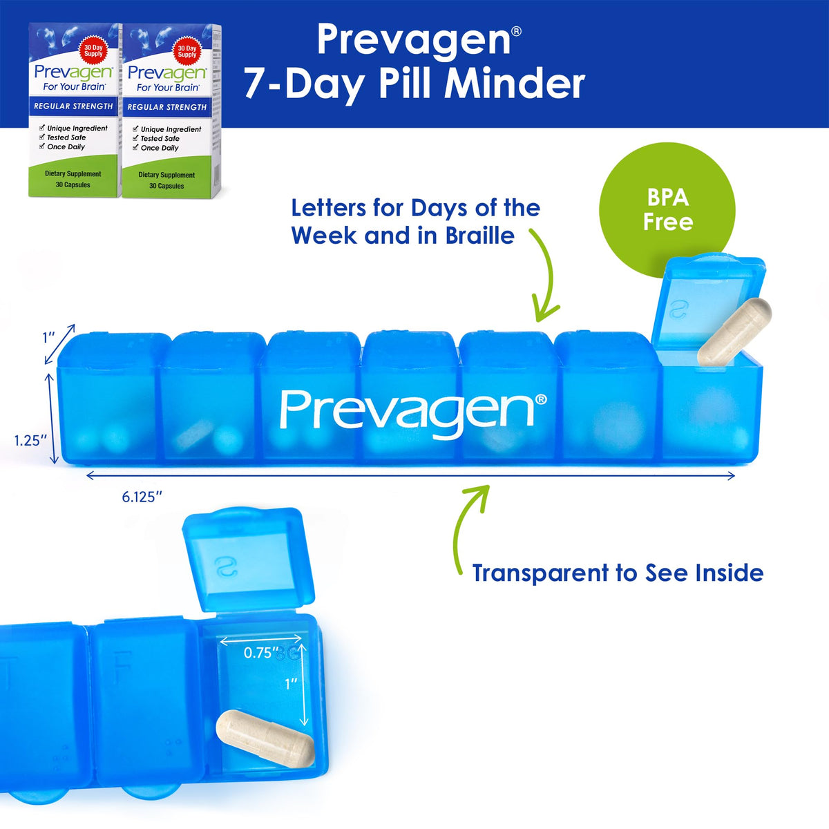 Pilulier 7 jours de Prevagen avec lettres et Braille