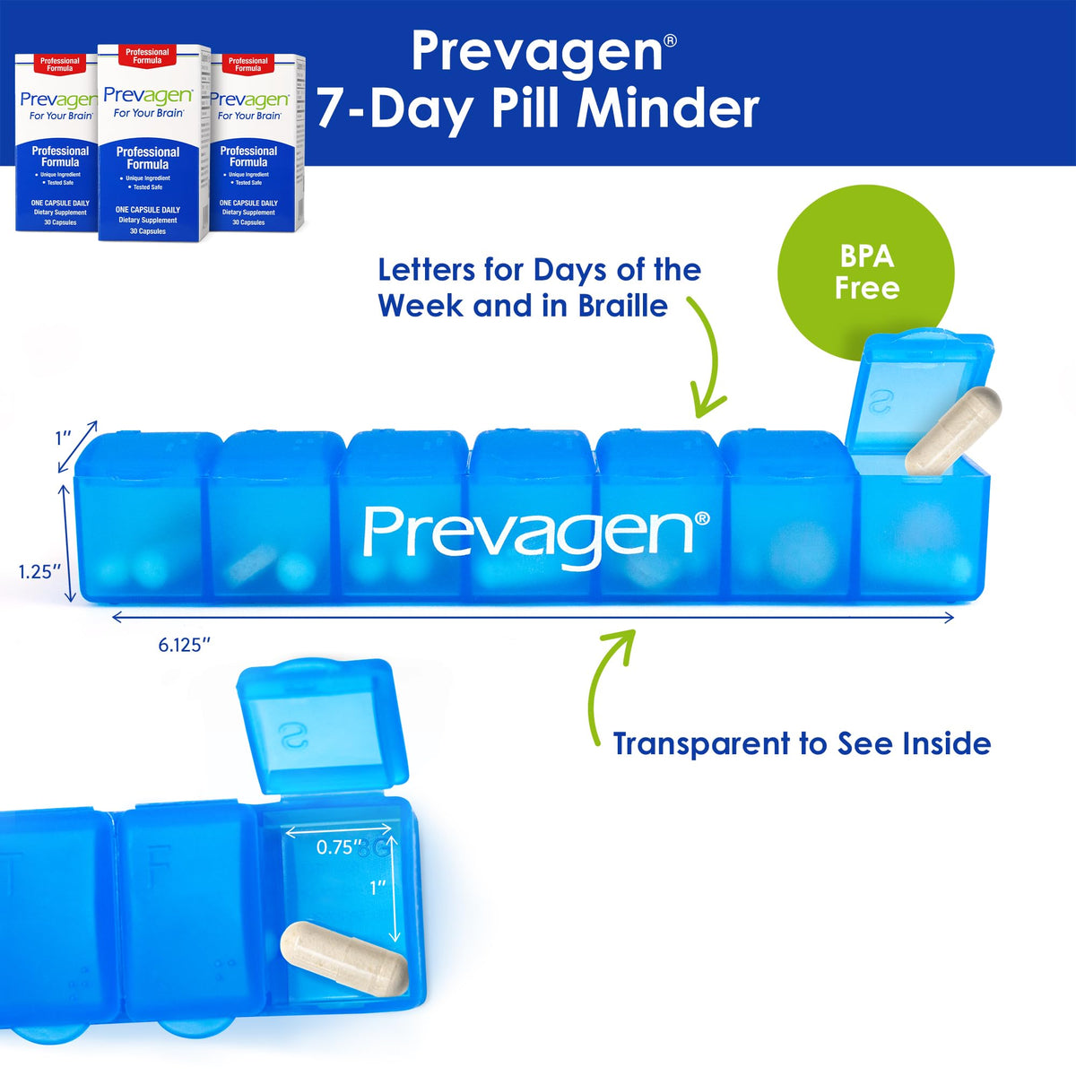 Pilulier de 7 jours Prevagen avec lettres et Braille
