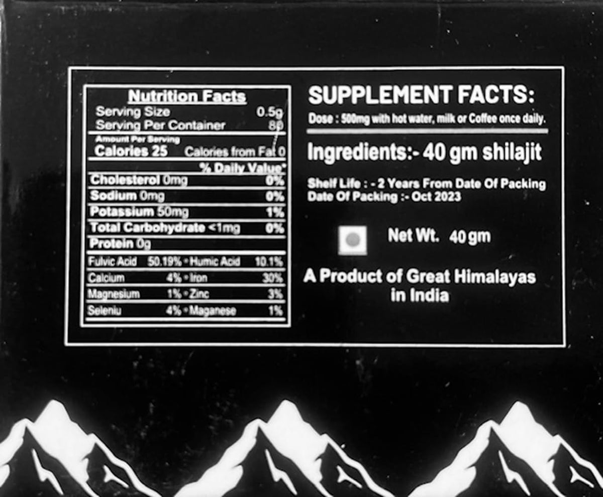 Pindari Résine de Shilajit Pure 500mg à côté d'ingrédients naturels